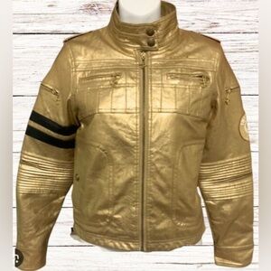 Gold Motorcycle Jacket Luxirie by LRG Quilted Lining Logo Patch Ladies Size Med